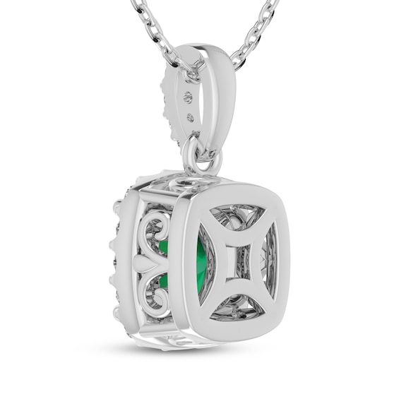 Thumbnail Image 3 of Cushion-Cut Lab-Created Emerald & White Lab-Created Sapphire Halo Necklace Sterling Silver 18"
