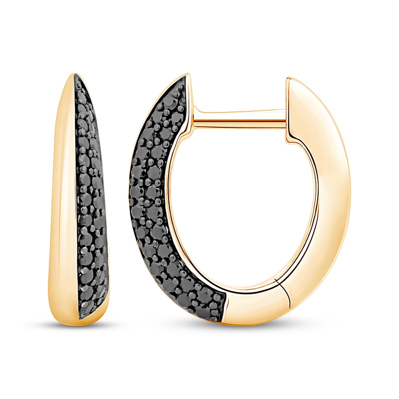 Main Image 3 of Black Diamond Knife-Edge Hoop Earrings 1/3 ct tw 10K Yellow Gold