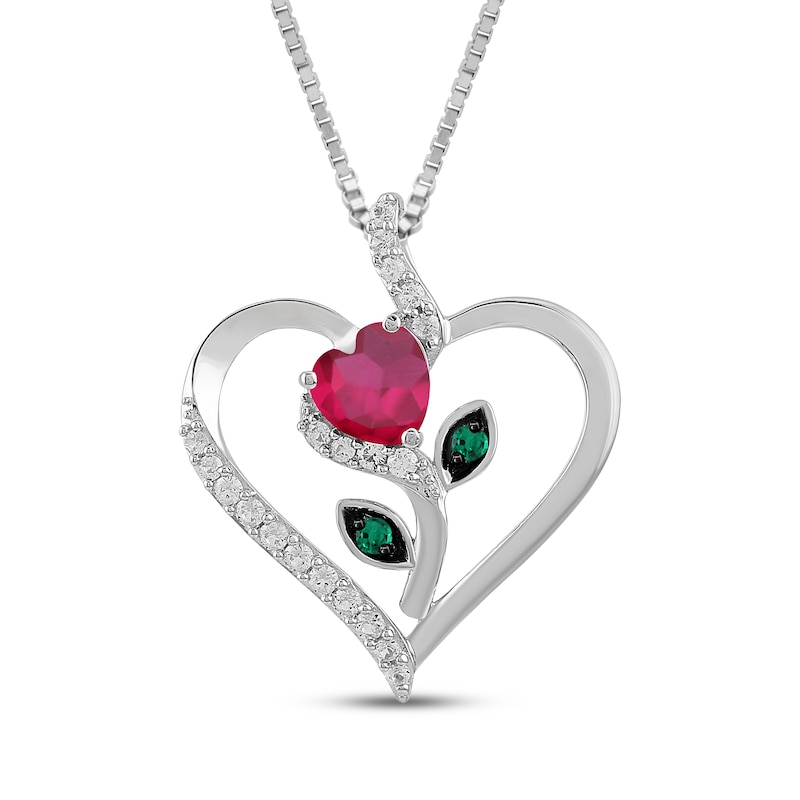 Main Image 1 of Heart-Shaped Lab-Created Ruby, Lab-Created Emerald & White Lab-Created Sapphire Rose Necklace Sterling Silver 18"