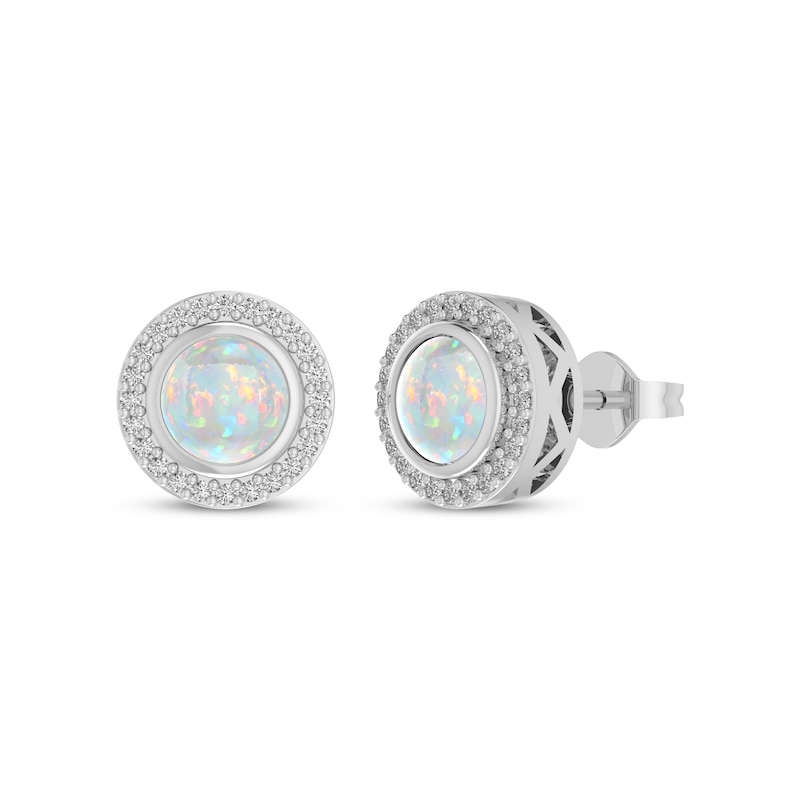 Main Image 1 of Lab-Created Opal & White Lab-Created Sapphire Halo Stud Earrings Sterling Silver