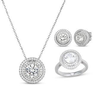 White Lab-Created Sapphire Double Halo Gift Set Sterling Silver