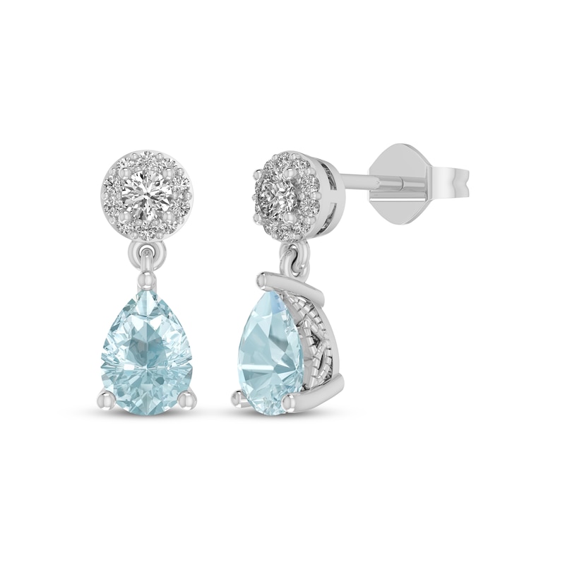 Main Image 1 of Pear-Shaped Natural Aquamarine & White Lab-Created Sapphire Dangle Earrings Sterling Silver