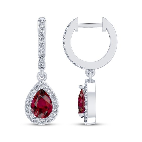 Pear-Shaped Lab-Created Ruby & White Lab-Created Sapphire Hoop Drop Earrings Sterling Silver