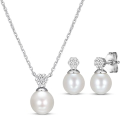 Cultured Pearl & White Lab-Created Sapphire Necklace & Drop Earrings Gift Set Sterling Silver