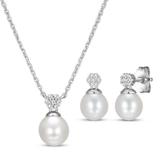 Cultured Pearl & White Lab-Created Sapphire Necklace & Drop Earrings Gift Set Sterling Silver