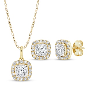 KAY Lab-Grown Diamonds Cushion-Shaped Necklace & Stud Earrings Gift Set 1 ct tw 10K Yellow Gold