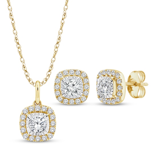 KAY Lab-Grown Diamonds Cushion-Shaped Necklace & Stud Earrings Gift Set 1 ct tw 10K Yellow Gold