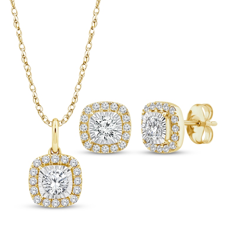 Main Image 1 of KAY Lab-Grown Diamonds Cushion-Shaped Necklace & Stud Earrings Gift Set 1 ct tw 10K Yellow Gold
