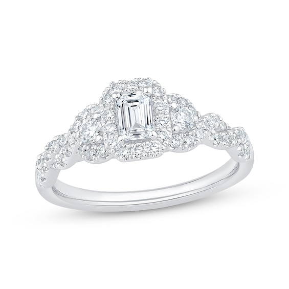Emerald-Cut Diamond Halo Engagement Ring 7/8 ct tw 14K White Gold