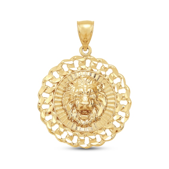 Men's Diamond-Cut Lion Head Chain Link Medallion Charm 10K Yellow Gold