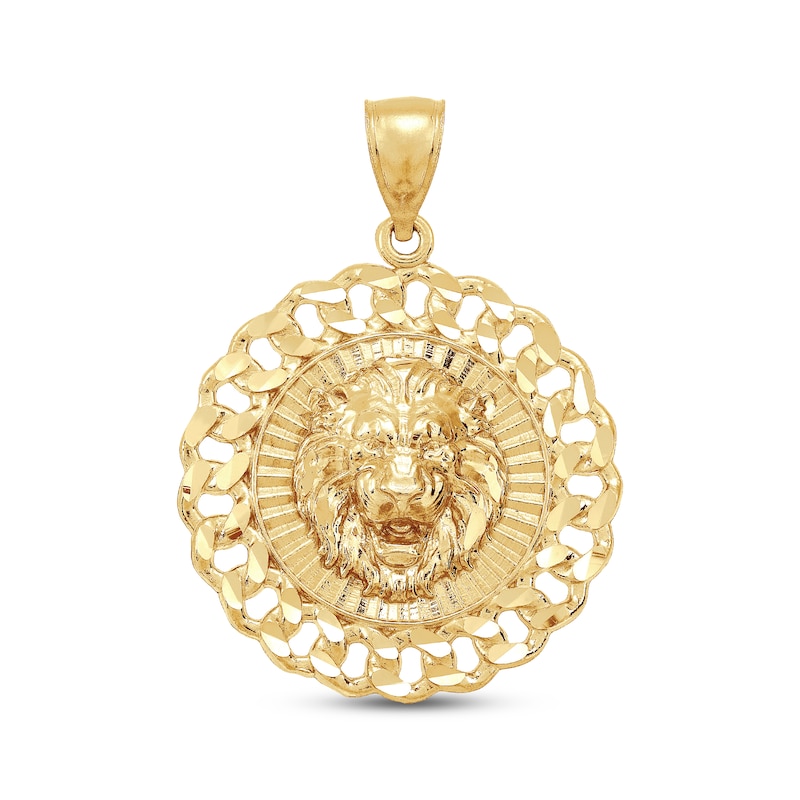Main Image 1 of Men's Diamond-Cut Lion Head Chain Link Medallion Charm 10K Yellow Gold