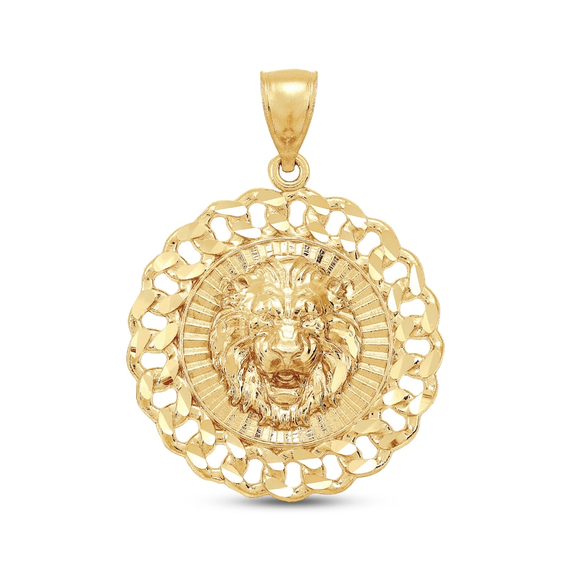 Men's Diamond-Cut Lion Head Chain Link Medallion Charm 10K Yellow Gold