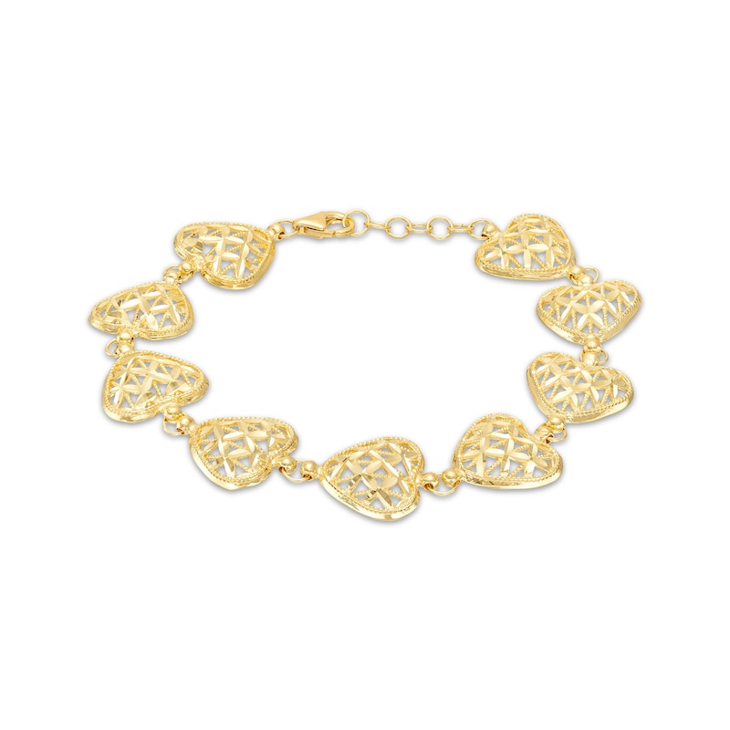 Italian Brilliance Heart Link Bracelet 14K Yellow Gold 7.5"