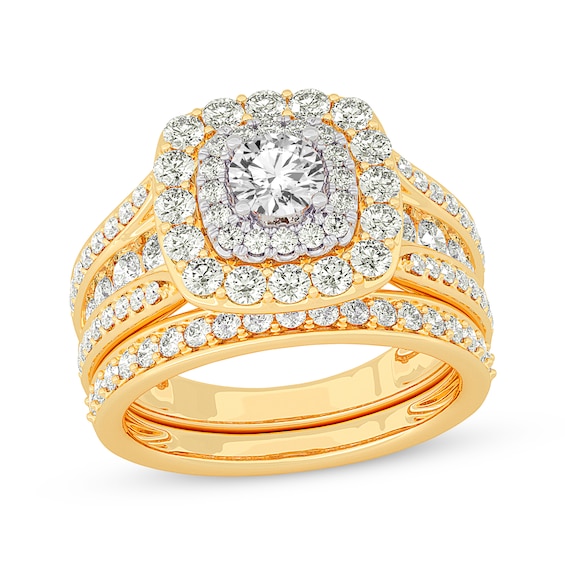 Diamond Double Cushion Frame Bridal Set 2 ct tw 14K Yellow Gold