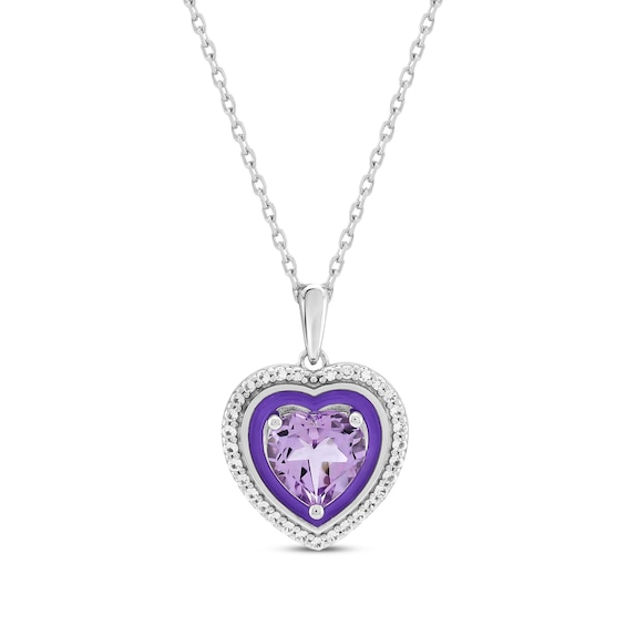 Heart-Shaped Amethyst & White Lab-Created Sapphire Enamel Necklace Sterling Silver 18"