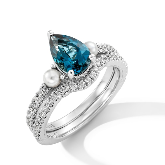 Neil Lane Pear-Shaped London Blue Topaz, Diamond & Akoya Cultured Pearl Bridal Set 1/3 ct tw 14K White Gold