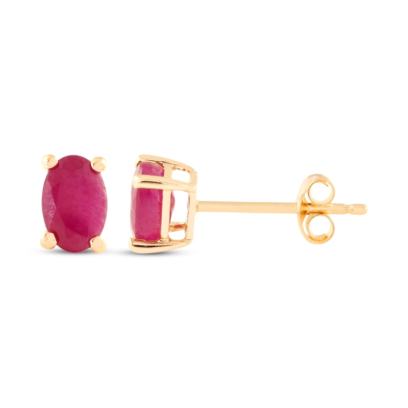 Main Image 1 of Oval-Cut Ruby Solitaire Stud Earrings 14K Yellow Gold