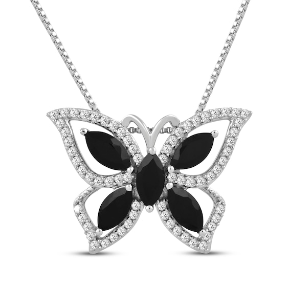 Marquise-Cut Black Onyx & White Lab-Created Sapphire Butterfly Necklace Sterling Silver 18