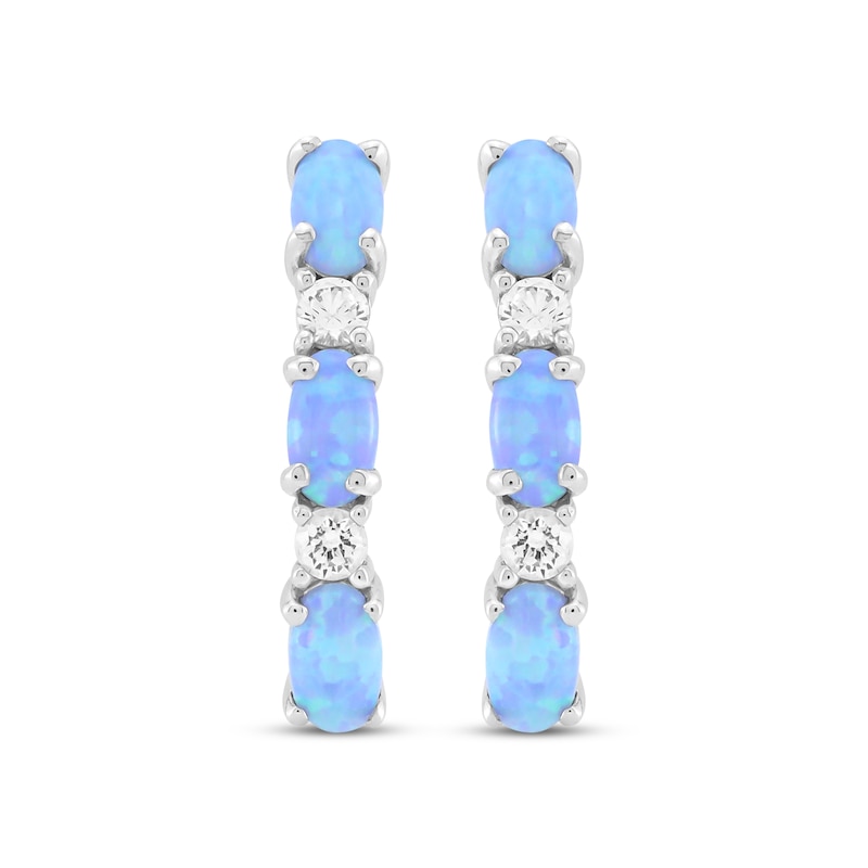 Main Image 2 of Oval-Cut Blue Lab-Created Opal & White Lab-Created Sapphire Hoop Earrings Sterling Silver