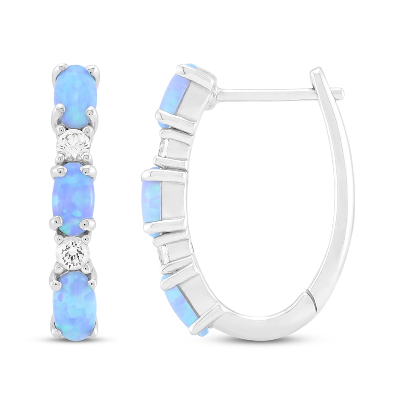 Main Image 3 of Oval-Cut Blue Lab-Created Opal & White Lab-Created Sapphire Hoop Earrings Sterling Silver