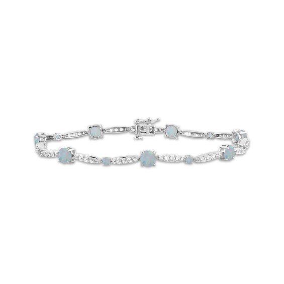 Lab-Created Opal & White Lab-Created Sapphire Link Bracelet Sterling Silver 7.5"
