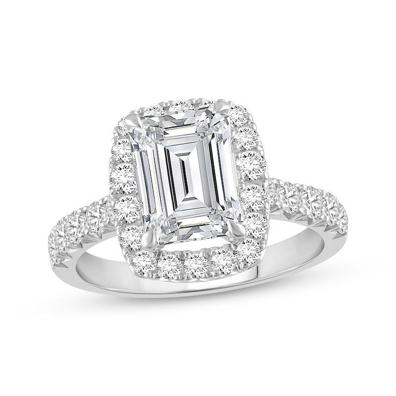 Main Image 1 of Lab-Grown Diamonds Emerald-Cut Halo Engagement Ring 4 ct tw 14K White Gold