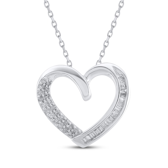 Baguette & Round-Cut Diamond Open Heart Necklace 1/4 ct tw Sterling Silver 18"