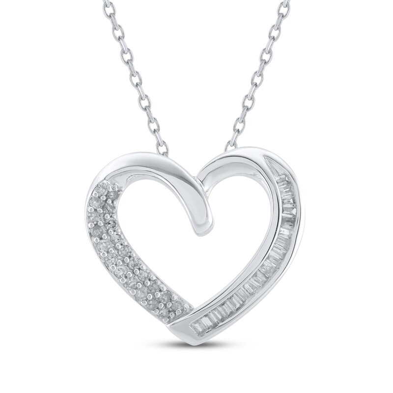 Main Image 1 of Baguette & Round-Cut Diamond Open Heart Necklace 1/4 ct tw Sterling Silver 18&quot;