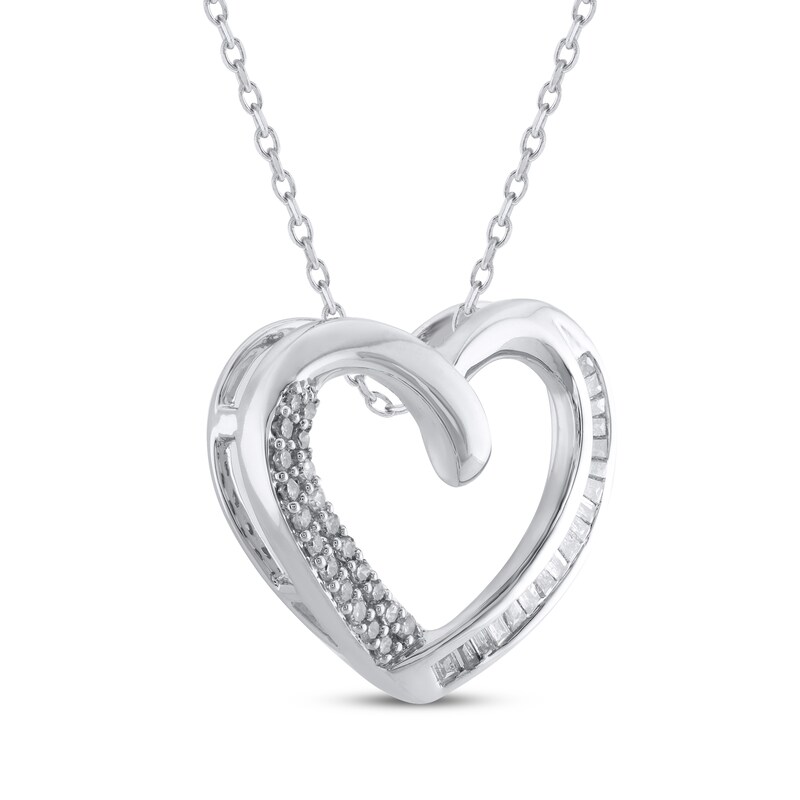Main Image 2 of Baguette & Round-Cut Diamond Open Heart Necklace 1/4 ct tw Sterling Silver 18&quot;