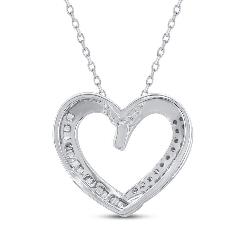 Main Image 3 of Baguette & Round-Cut Diamond Open Heart Necklace 1/4 ct tw Sterling Silver 18&quot;