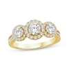 Thumbnail Image 1 of Memories Moments Magic Round-Cut Diamond Three-Stone Halo Engagement Ring 1-1/2 ct tw 14K Yellow Gold