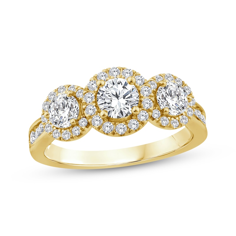 Main Image 1 of Memories Moments Magic Round-Cut Diamond Three-Stone Halo Engagement Ring 1-1/2 ct tw 14K Yellow Gold