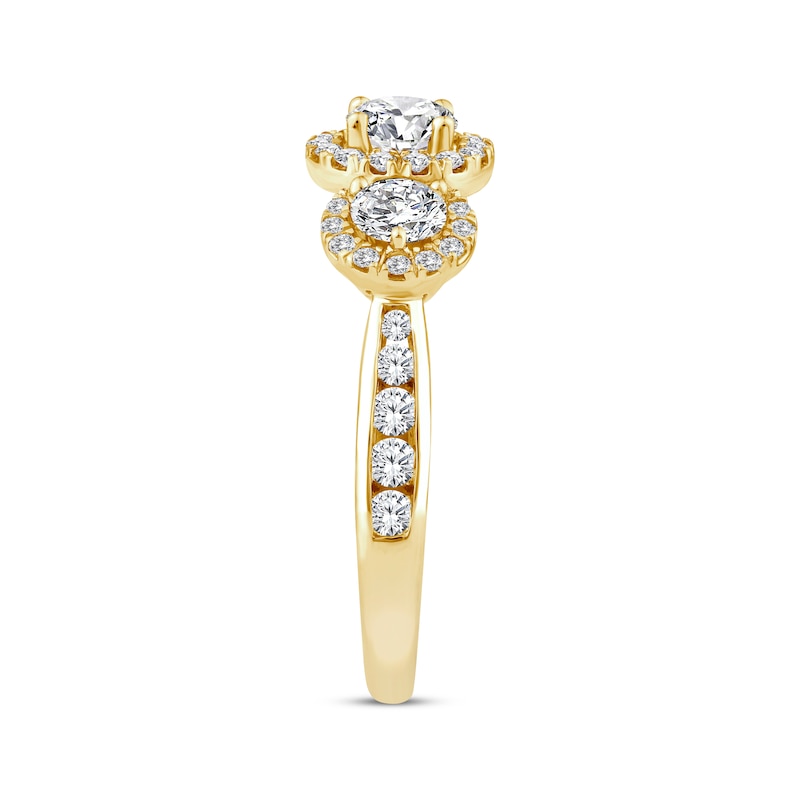 Main Image 2 of Memories Moments Magic Round-Cut Diamond Three-Stone Halo Engagement Ring 1-1/2 ct tw 14K Yellow Gold