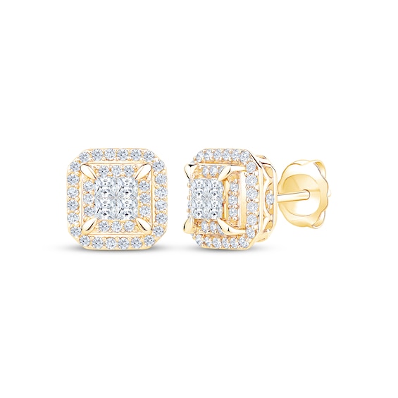 Princess-Cut Diamond Quad Cushion Halo Stud Earrings 3/4 ct tw 10K Yellow Gold