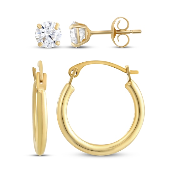 Cubic Zirconia Solitaire Stud & Polished Hoop Earrings Set 14K Yellow Gold