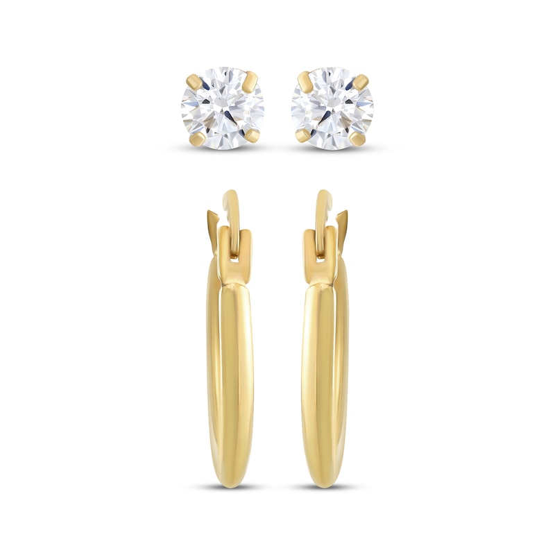 Main Image 2 of Cubic Zirconia Solitaire Stud & Polished Hoop Earrings Set 14K Yellow Gold