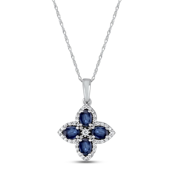 Blue Sapphire Flower Necklace 1/6 ct tw Diamonds 10K White Gold 18"