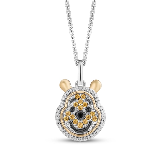 Disney Treasures Winnie the Pooh Citrine, Diamond & Black Onyx Necklace 1/10 ct tw Sterling Silver & 10K Yellow Gold 19"