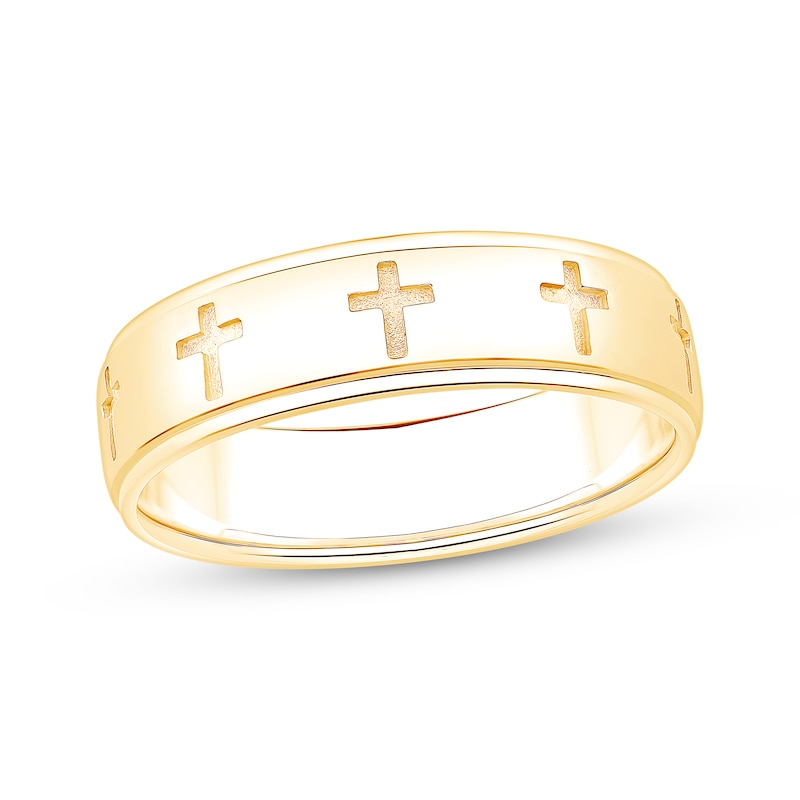 Main Image 1 of Now + Forever Men's Cross Imprint Wedding Band 10K Yellow Gold 5.9mm