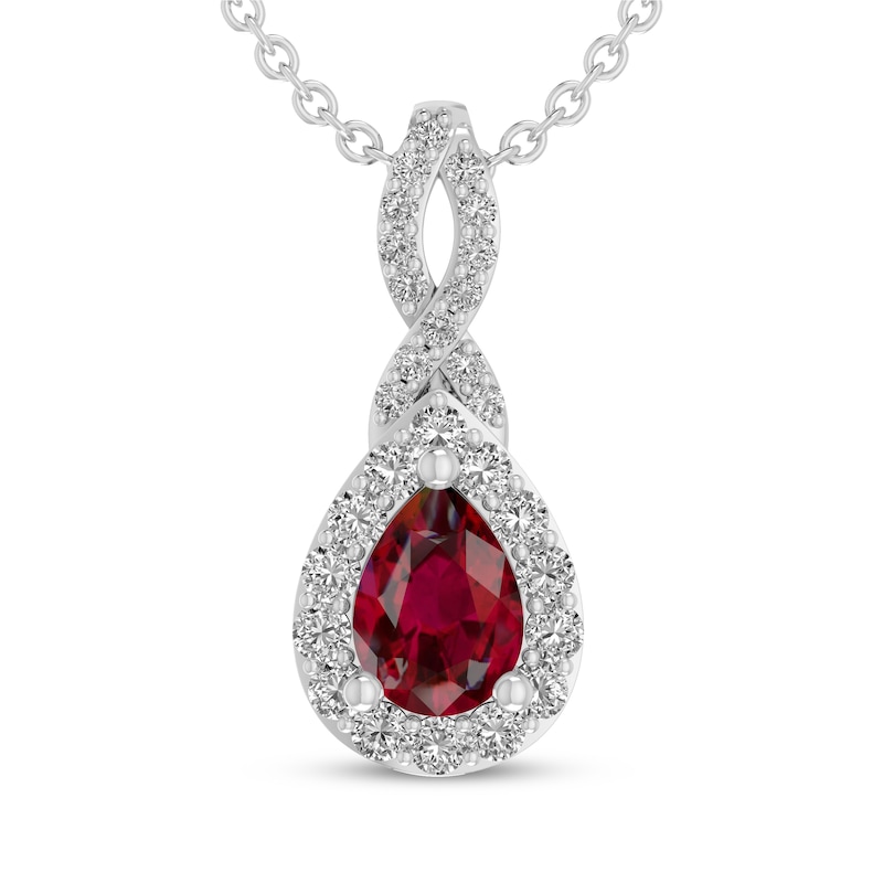 Main Image 1 of Pear-Shaped Lab-Created Ruby & White Lab-Created Sapphire Drop Necklace Sterling Silver 18"