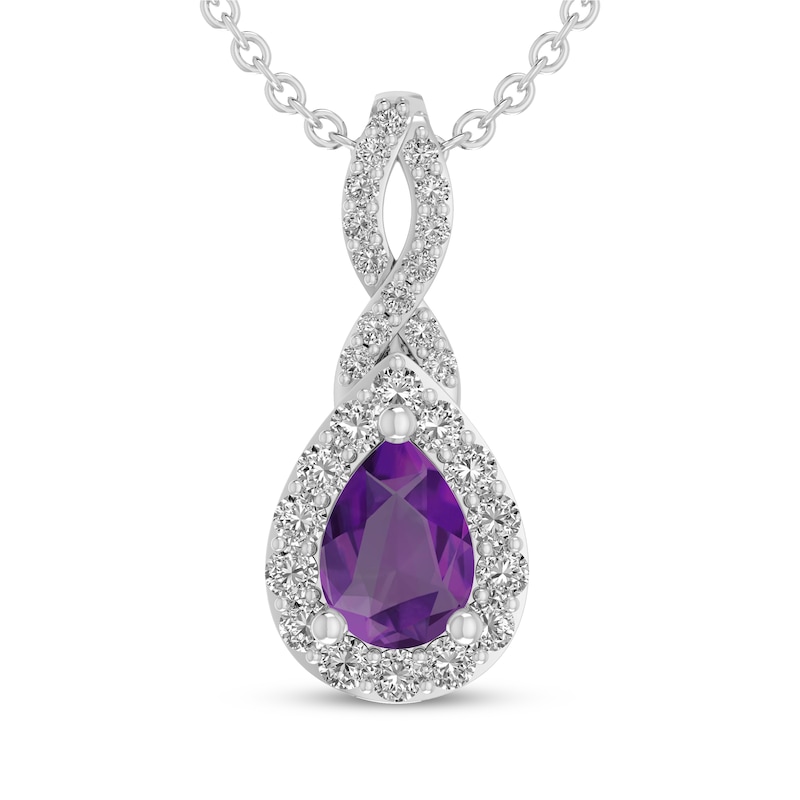 Main Image 1 of Pear-Shaped Amethyst & White Lab-Created Sapphire Drop Necklace Sterling Silver 18"