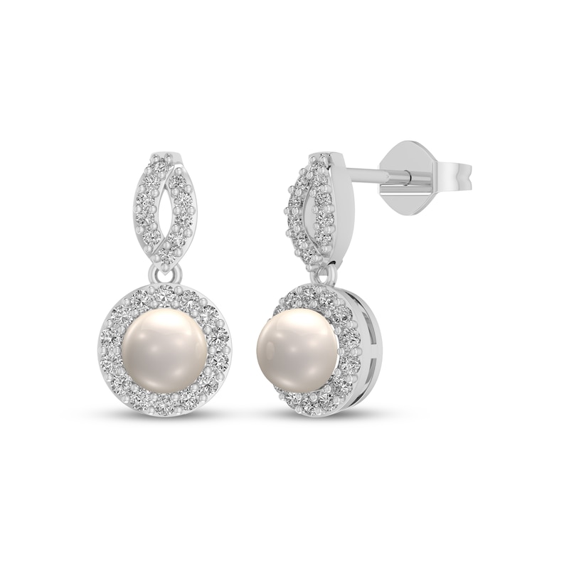 Main Image 1 of Cultured Pearl & White Lab-Created Sapphire Halo Drop Earrings Sterling Silver