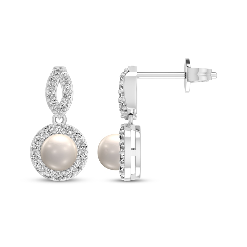 Main Image 3 of Cultured Pearl & White Lab-Created Sapphire Halo Drop Earrings Sterling Silver