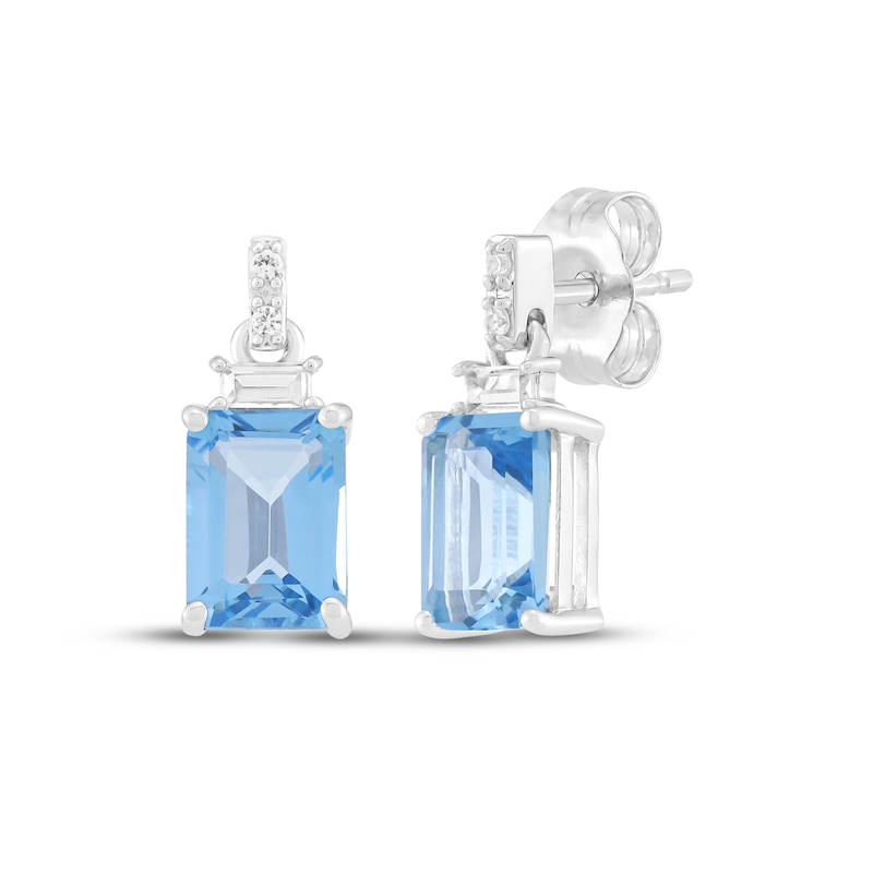 Main Image 1 of Emerald-Cut Swiss Blue Topaz & White Lab-Created Sapphire Dangle Earrings Sterling Silver