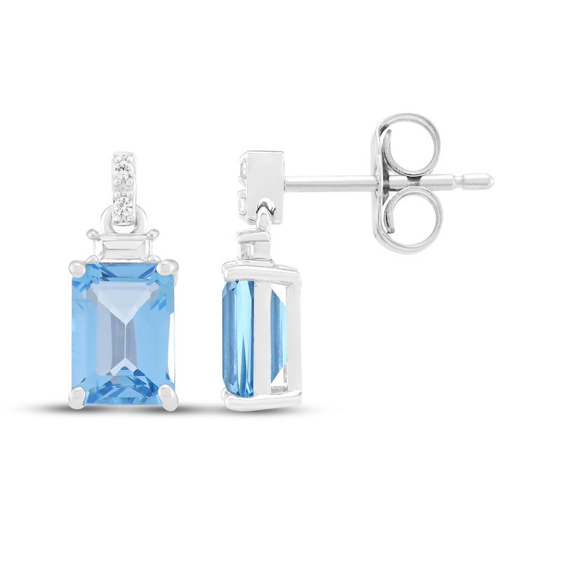 Main Image 3 of Emerald-Cut Swiss Blue Topaz & White Lab-Created Sapphire Dangle Earrings Sterling Silver