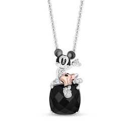 Disney Treasures Mickey Mouse Black Onyx & Diamond Necklace 1/20 ct tw Sterling Silver & 10K Rose Gold 18"