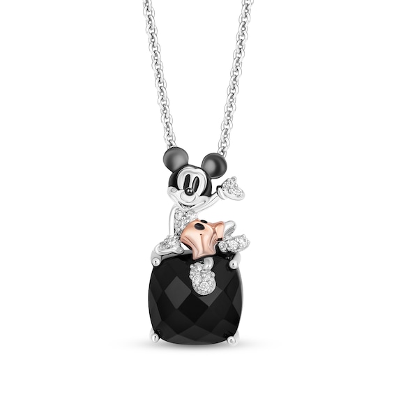 Disney Treasures Mickey Mouse Black Onyx & Diamond Necklace 1/20 ct tw Sterling Silver & 10K Rose Gold 18"