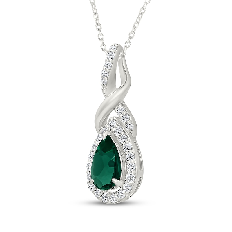 Main Image 2 of Pear-Shaped Lab-Created Emerald & White Lab-Created Sapphire Swirl Necklace Sterling Silver 18"
