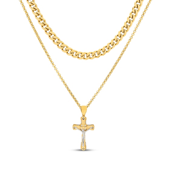 Men's Crucifix Necklace & Miami Cuban Curb Chain Box Set Yellow Ion-Plated Stainless Steel