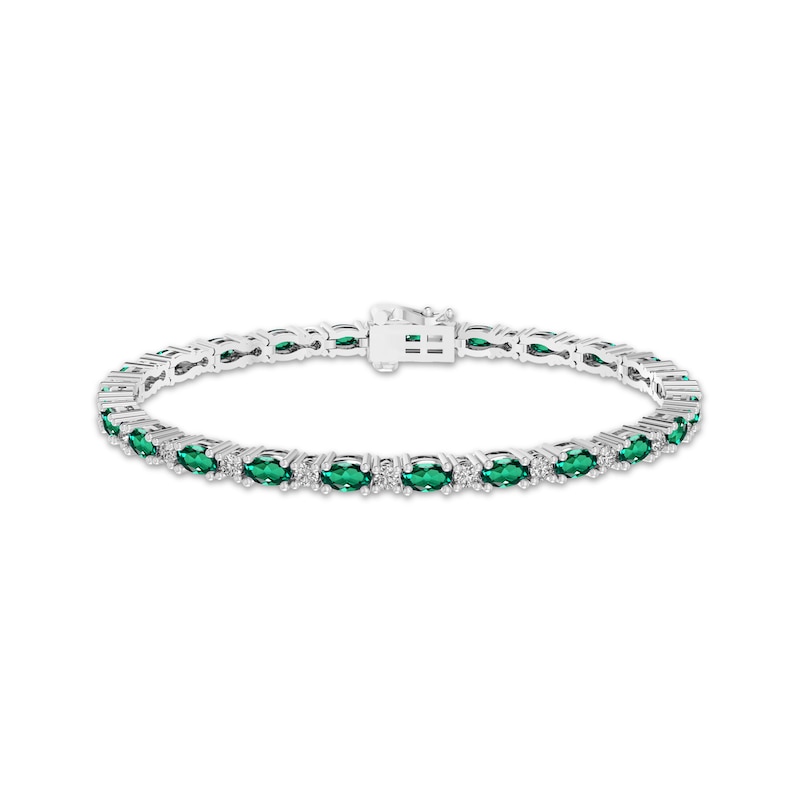 Main Image 1 of Oval-Cut Lab-Created Emerald & White Lab-Created Sapphire Link Bracelet Sterling Silver 7.25"
